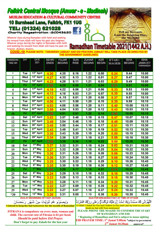 Timetable – Falkirk Central Mosque Anwar-e-Madina